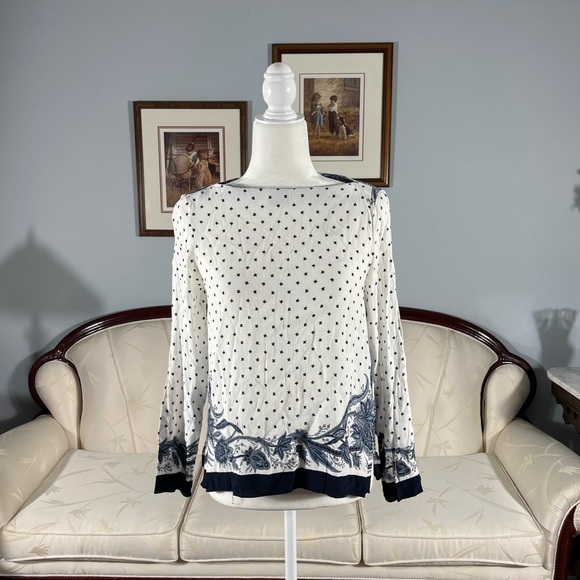 Zara Paisley & Geometric Polkadot Long Sleeve White & Blue Pattern Blouse Medium - Picture 10 of 12